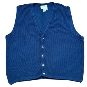 Vintage Eddie Bauer Sweater Vest Mens XXL Knit Cotton Cardigan USA Navy Blue‎